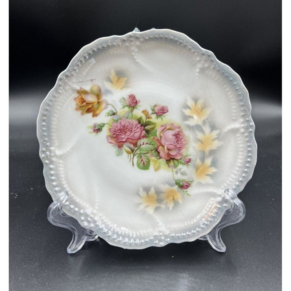 Leuchtenburg Germany 7-in Plate Pink Rose Silver Scallop Edge Beaded Lustreware